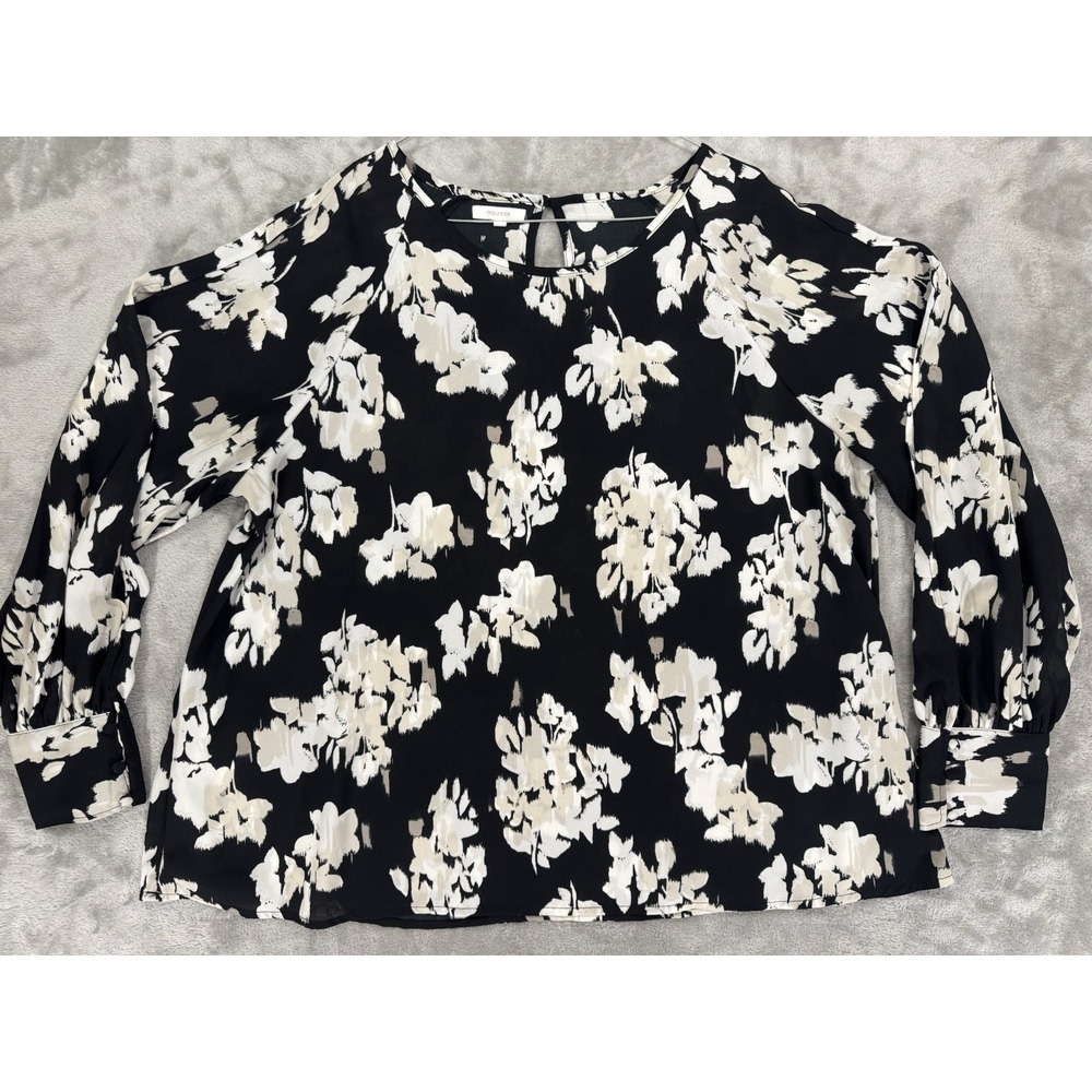 Maurices Blouse Womens XL Black White Floral‎ Keyhole Back Split Sleeves Flowy